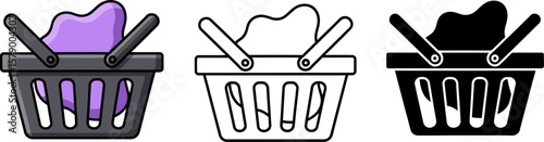 Vector shopping basket icon set with purple item graphic in color line and solid versions