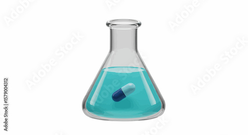 A clear glass erlenmeyer flask filled with blue liquid and a capsule inside on a white background