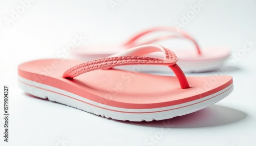 Close-up of a solitary flip-flop against a stark white backdrop, isolated, macro, object