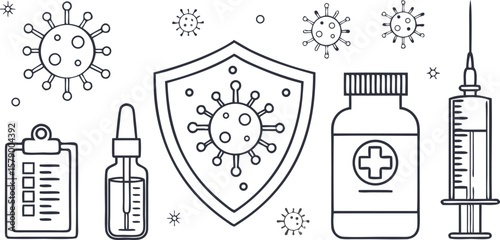 Minimalist Medical Line Art Icons of Vaccination and Immunity