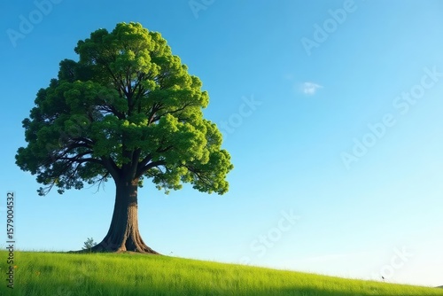 Lone, majestic redwood tree against clear sky, stand out, landscape