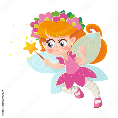 Cute cartoon flower fairy with a magic wand isolated on a white background