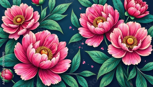 Intricate line art peony blossoms, continuous design, peony pattern, blossom