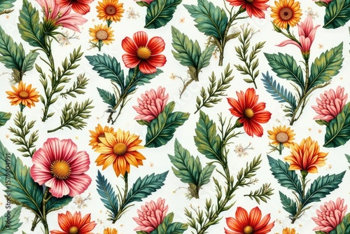 Intricate botanical illustration, repeating pattern, line art, sketch