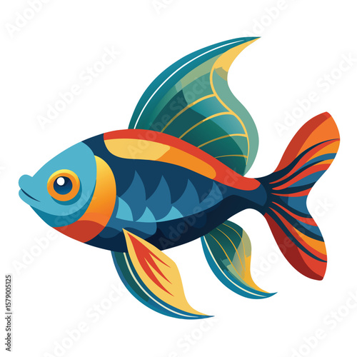 A fancy aquarium fish with a transparent tail, gracefully swimming in a watery display.