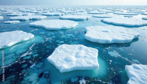 Irregular, fractured ice floes forming a mosaic on frozen lake, landscape, irregular