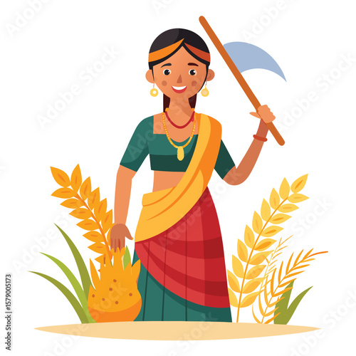 A farmer woman wearing a saree and holding a sickle, representing traditional agriculture and rural life.