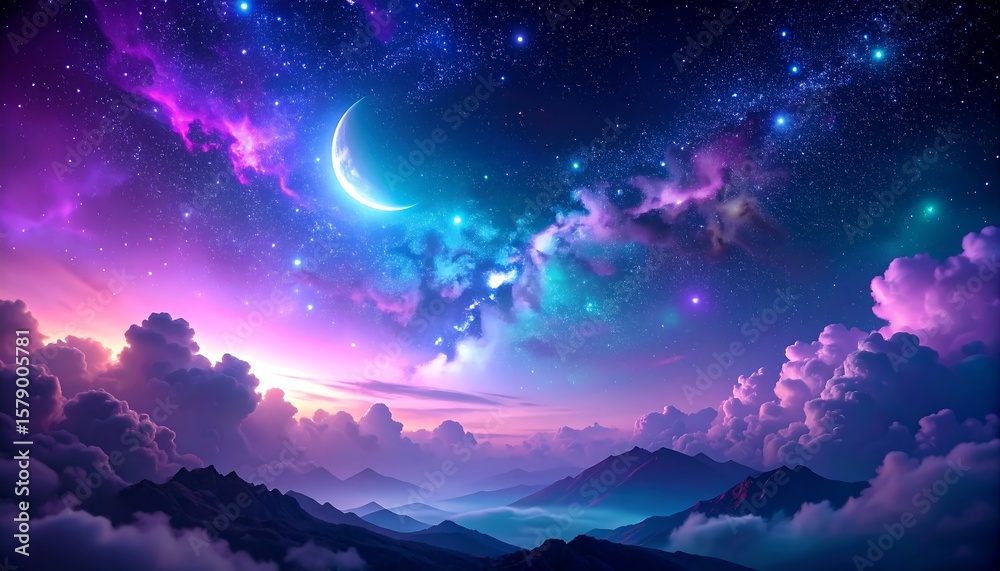 Naklejka premium A vibrant, fantasy night sky above a mountain landscape.