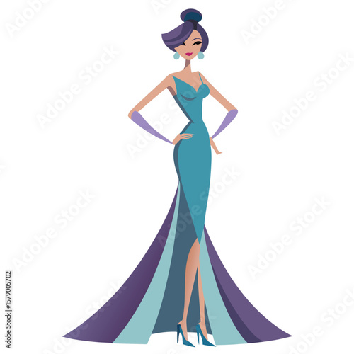 A fashion model posing in a long evening gown with flowing fabric, exuding elegance and glamour.