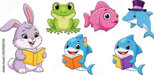 Cute cartoon animals reading books vector illustration for kids education and learning resources design