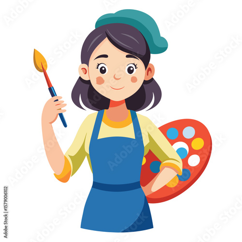 A female artist with paint on her apron, holding a brush, expressing creativity and passion.