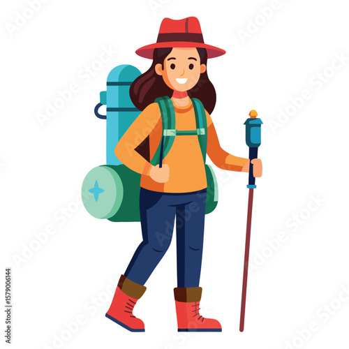 A female hiker with trekking gear and a water bottle, ready for adventure and exploring nature.