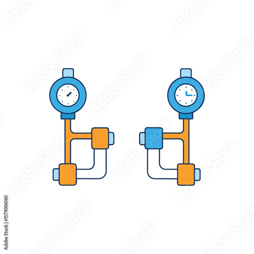 Illustration of two gauges connected to pipes isolated on white background