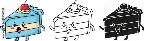 Cute cake slice cartoon character illustration vector design for kids birthday party and dessert shop logo