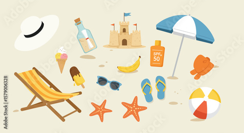 A vibrant beach scene with a sandcastle, beach chairs, and various summer accessories under a bright umbrella