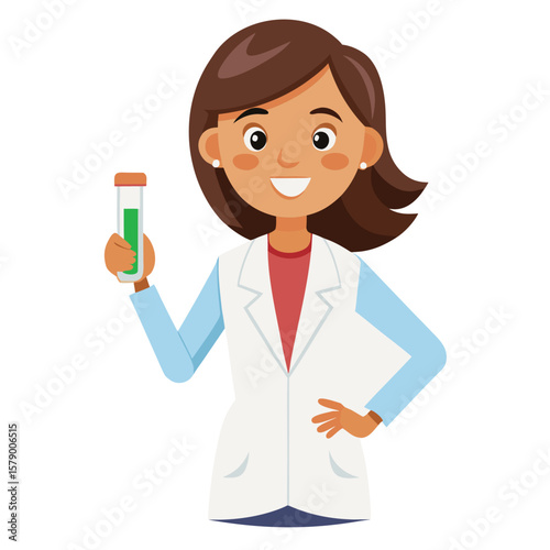 A female scientist wearing a lab coat and holding a test tube, symbolizing research and discovery.
