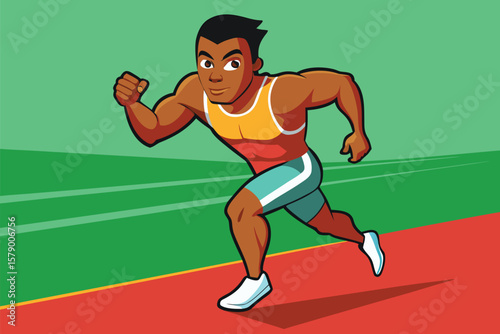 Energetic depiction of a muscular male sprinter on a colorful running track, representing speed and athleticism.