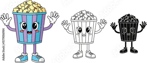Vector illustration of cute popcorn character in color black and white and outline versions