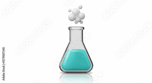 A glass erlenmeyer flask containing a blue liquid with white vapor coming out of the opening top