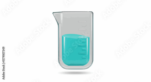 A clear glass beaker containing a teal liquid with measurement markings on the side is displayed