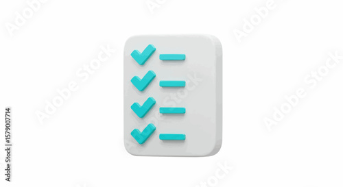 A stylized checklist with teal checkmarks and horizontal lines on a white rounded rectangle form
