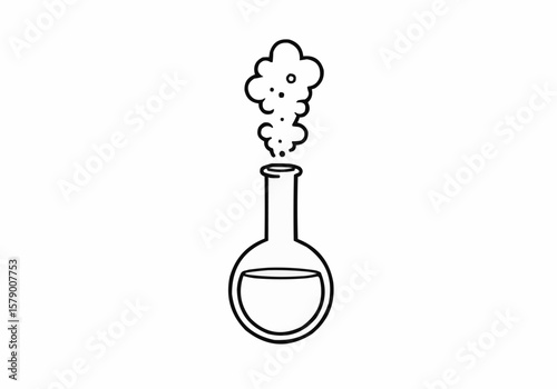 Round bottom flask with contents and steam in black and white outline laboratory equipment drawing