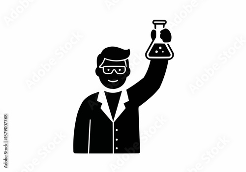 Scientist holding a flask with liquid in a lab coat and glasses in black and white illustration