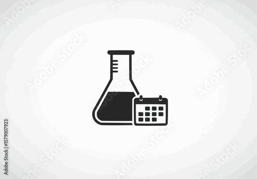Illustration of a conical flask with liquid and a calendar icon next to it in black and white style