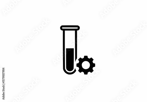Illustration of a test tube partially filled with liquid next to a gear on a white background image