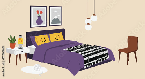 A cozy bedroom interior featuring a bed with smiley face pillows, a nightstand, and modern decor