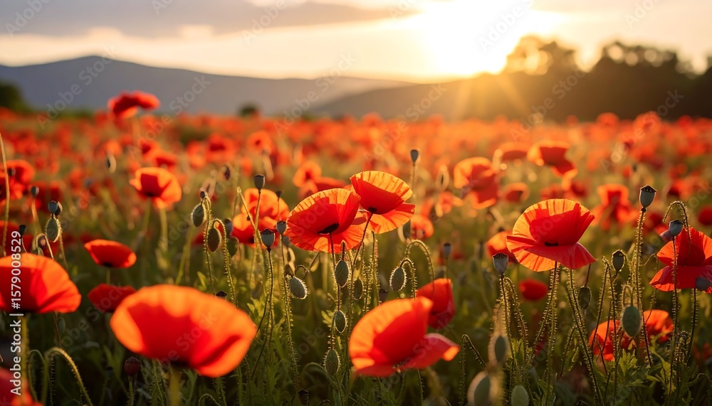 Obraz premium A vibrant field of red poppies at sunset. Golden sunlight streams over a dense expanse of blossoms. Mountains are visible in the distance
