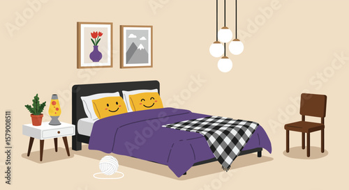 A cozy bedroom interior featuring a bed with smiley face pillows, a nightstand, and modern decor