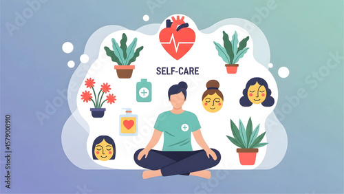 Self-Care and Emotional Wellness – Woman Practicing Mindfulness Surrounded by Healing Elements