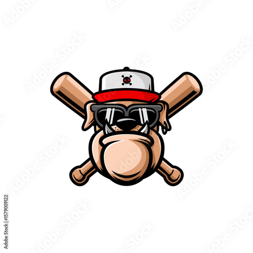 bulldog head wearing a hat with glasses and two crossed baseball bats