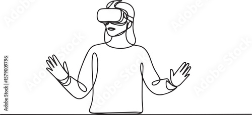 one line drawing of person wearing VR headset with raised hands in gesturing pose