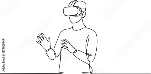 one line drawing of person wearing VR headset with raised hands in gesturing pose