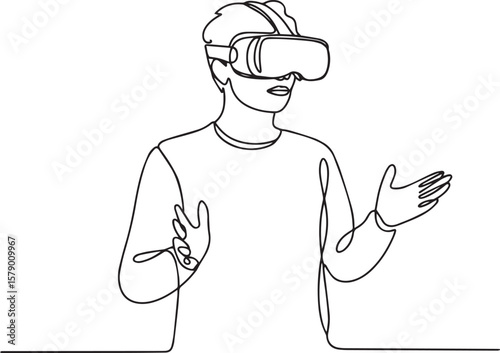 one line drawing of person wearing VR headset with raised hands in gesturing pose