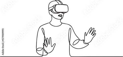 one line drawing of person wearing VR headset with raised hands in gesturing pose