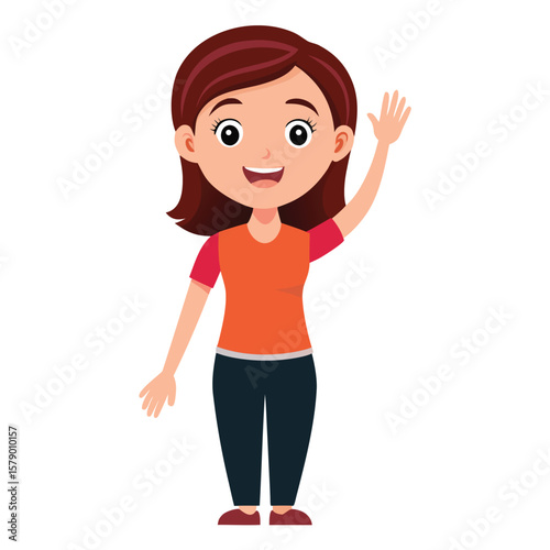 A cheerful "girl next door" type woman waving happily, friendly and approachable.