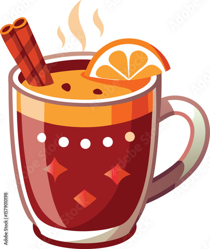 Aromatic Mulled Wine in a Glass Mug with Cinnamon Sticks and Orange Slice