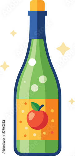 Cold Pressed Juice Variations Sparkling Apple Cider Bottle Illustration, Flat Design, Festive Drink Icon