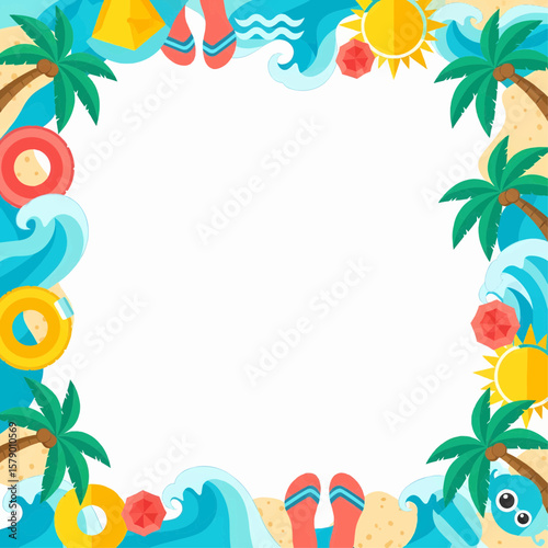 Palm Leaves Floral Border in playful colorful pattern with pool floats and sea life for summer party design