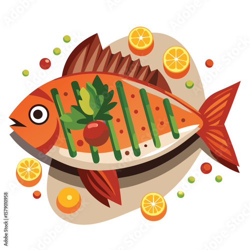 A grilled fish with visible char marks and fresh garnishes, presented deliciously on a plate.