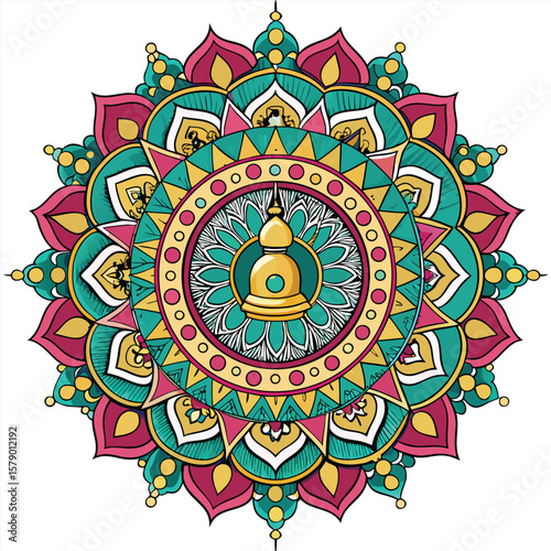 A highly detailed mandala with miniature temple bells, showcasing intricate artistry and spiritual depth.