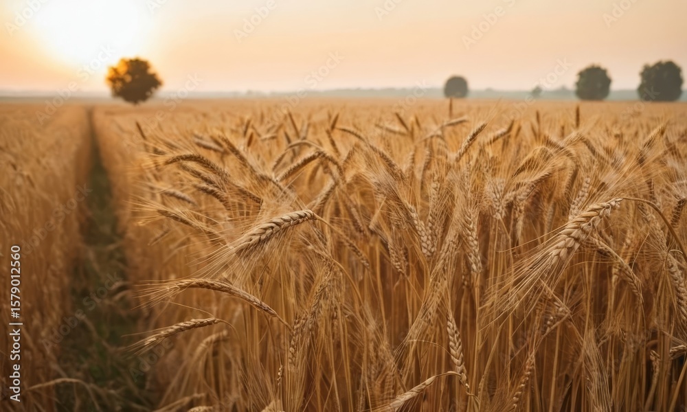 Obraz premium Golden wheat field at sunset with trees in the background creating a serene landscape and highlighting the beauty of nature