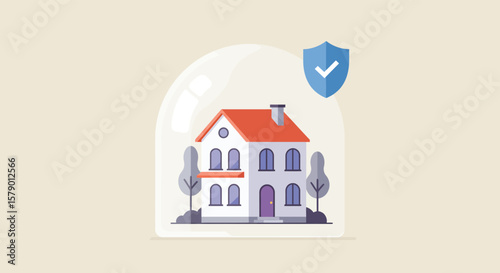 A protected house under a dome with a shield, symbolizing home insurance and security