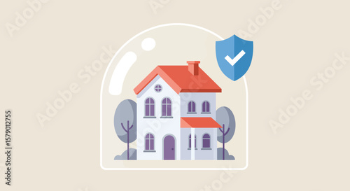 A protected house under a dome with a shield, symbolizing home insurance and security
