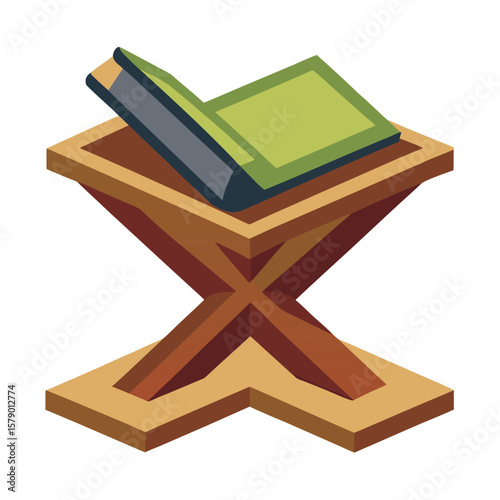 A holy book placed on a wooden bookstand, symbolizing spirituality and sacred study.