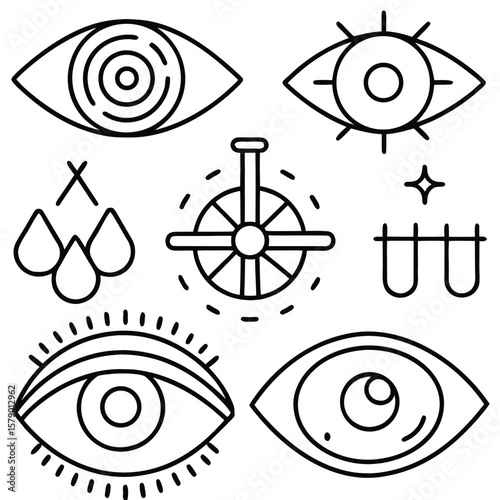 Mystical Eye Symbols and Occult Elements in a Black and White Line Art Style for Spiritual and Esoteric Designs