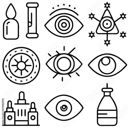 Collection of Mystical and Esoteric Symbols in Outline Style Featuring Eyes Potions and Geometric Shapes for Spiritual and Occult Themes